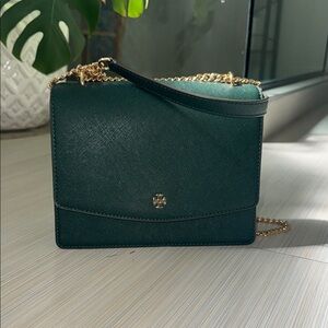 Tory Burch Dark Green Crossbody Bag with Gold Chain